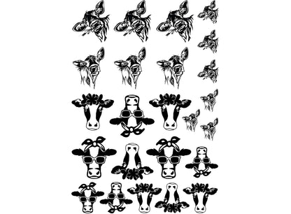 Cow Heads 24 pcs 5/8" to 1" Black Fused Glass Decals