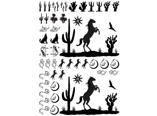 Mustang Horse Desert 45 pcs 5/8" to 3-3/4" Black Fused Glass Decals
