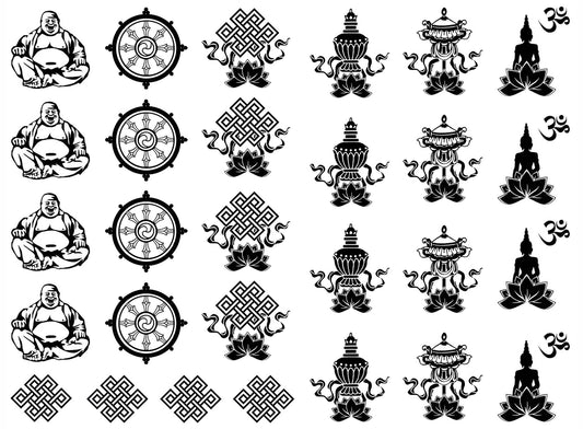 Buddha Buddhism Symbols 28 Pcs 1" to 1-1/8" Black Fused Glass Decals