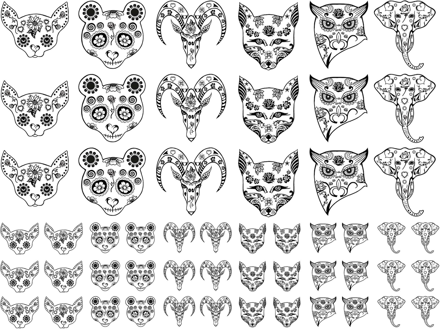 Sugar Skull Panda Fox Owl 1/2" to 1-1/8" Black Fused Glass Decals