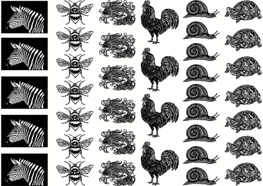 Zebra Bee Snail Turtle 38 pcs 1 Inch Black Fused Glass Decals