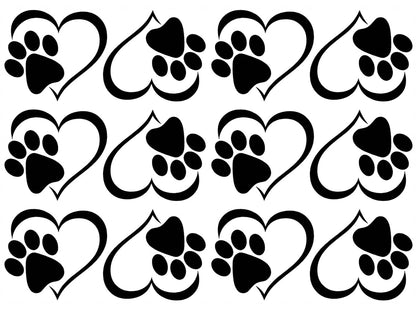 Heart Paw Print 12 pcs 1.75 Inch Black Fused Glass Decals