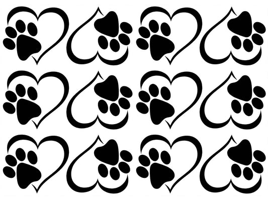Heart Paw Print 12 pcs 1.75 Inch Black Fused Glass Decals