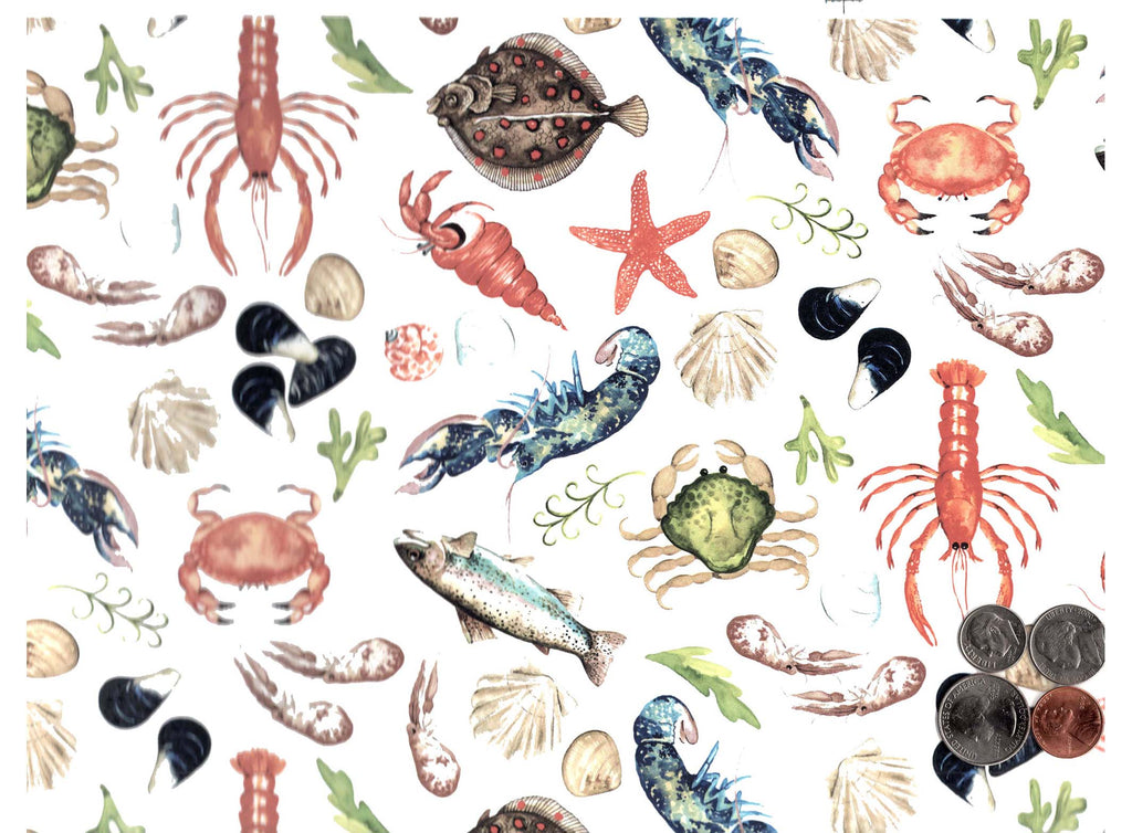 Allover Chintz Crab Lobster Shrimp Fish 9" X 13-3/4" Sheet Ceramic Decal 3594