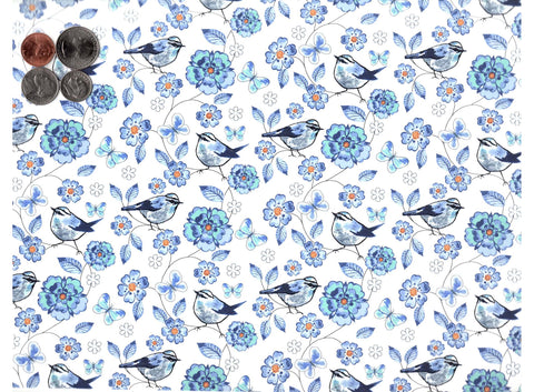 Allover Chintz Blue Flowers Birds 9" X 13-3/4" Sheet Ceramic Decal 3616