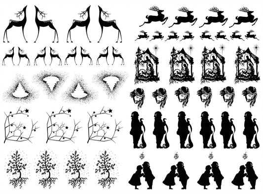 Christmas Nativity Santa 55 pcs 0.65 to 1 Inch Black Fused Glass Decals
