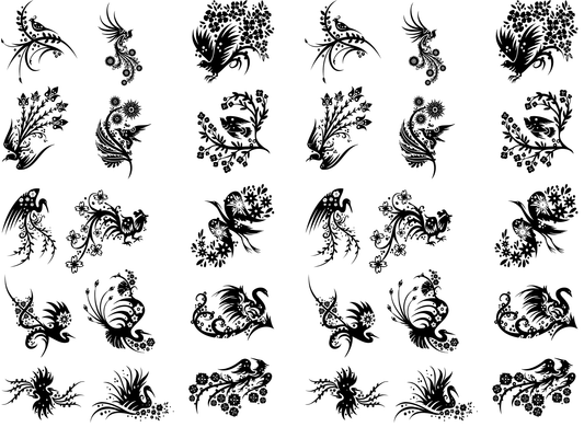 Swirly Birds 30 pcs 1 Inch Black Fused Glass Decals