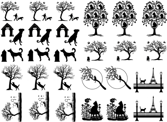 Cats and Dogs 27 pcs 1 to 1.25 Inch Black Fused Glass Decals