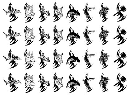 Tribal Dragon Wolf Owl 32 pcs 1.125 Inch Black Fused Glass Decals