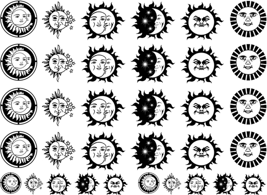 Celestial Sun Moon 34 pcs 0.75 to 1 Inch Black Fused Glass Decals