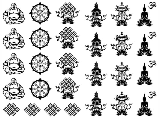 Buddha Buddhism Symbols 28 Pcs 1 Inch Black Fused Glass Decals
