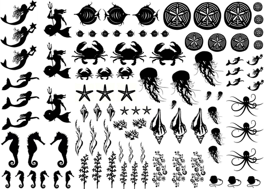 Under the Sea 96 pcs 0.25 to 1 Inch Black Fused Glass Decals