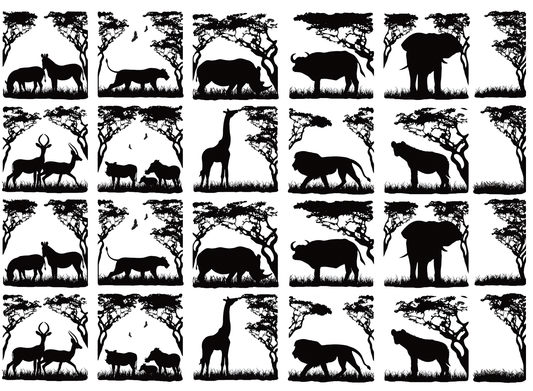 Animals of Africa 24 pcs 1 Inch Black Fused Glass Decals