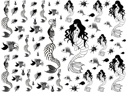 Mermaid Skeleton 73 pcs 0.25 to 3 Inch Black Fused Glass Decals