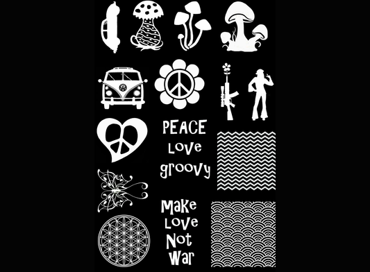Hippie Retro 17 pcs 1 Inch White Fused Glass Decals