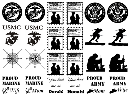 Military Marine Army 24 pcs 1 to 1.25 Inch Black Fused Glass Decals