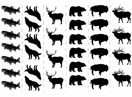 Bear Bison Deer Elk Fish Wolf 33 Pcs 1 Inch Black Fused Glass Decals