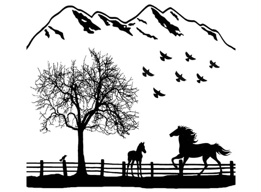 Tree Horse Fence Pasture 2 pcs 4 Inch Black Fused Glass Decals