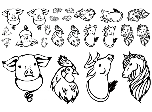 Pig Rooster Bull Horse 24 pcs 0.5 to 2.5 Inch Black Fused Glass Decals