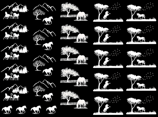 Horse Scenes 23 pcs White Fused Glass Decals