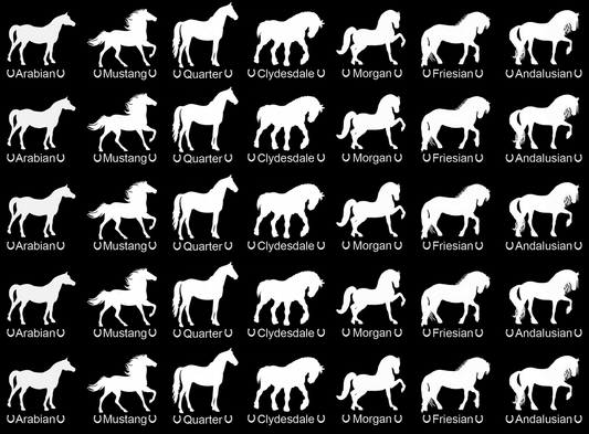 Horse Breeds 35 pcs White Fused Glass Decals