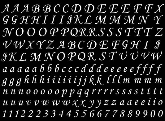 Corsiva Font Alphabet 180 pcs 3/8 Inch Tall White Fused Glass Decals