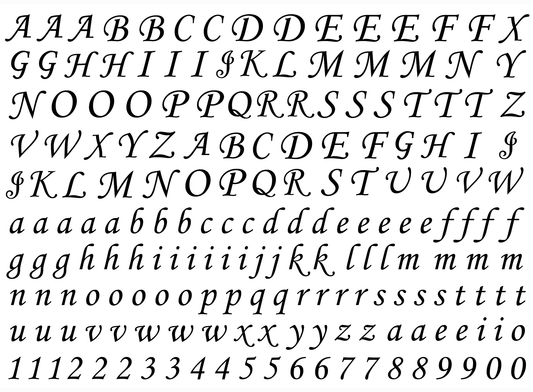 Corsiva Font Alphabet 180 pcs 0.35 Inch Tall Black Fused Glass Decals