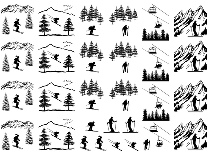 Skier Skiing Snow 30 pcs 1.25 Inch Black Fused Glass Decals