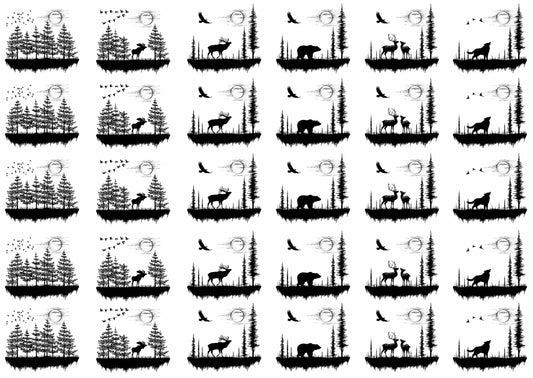 Moon Valley Bear Deer Moose Wolf 30 pcs 1 Inch Black Fused Glass Decals