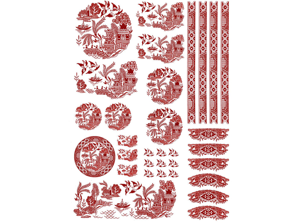Red Willow Oriental Pagoda Boat Birds Ceramic Decals R543